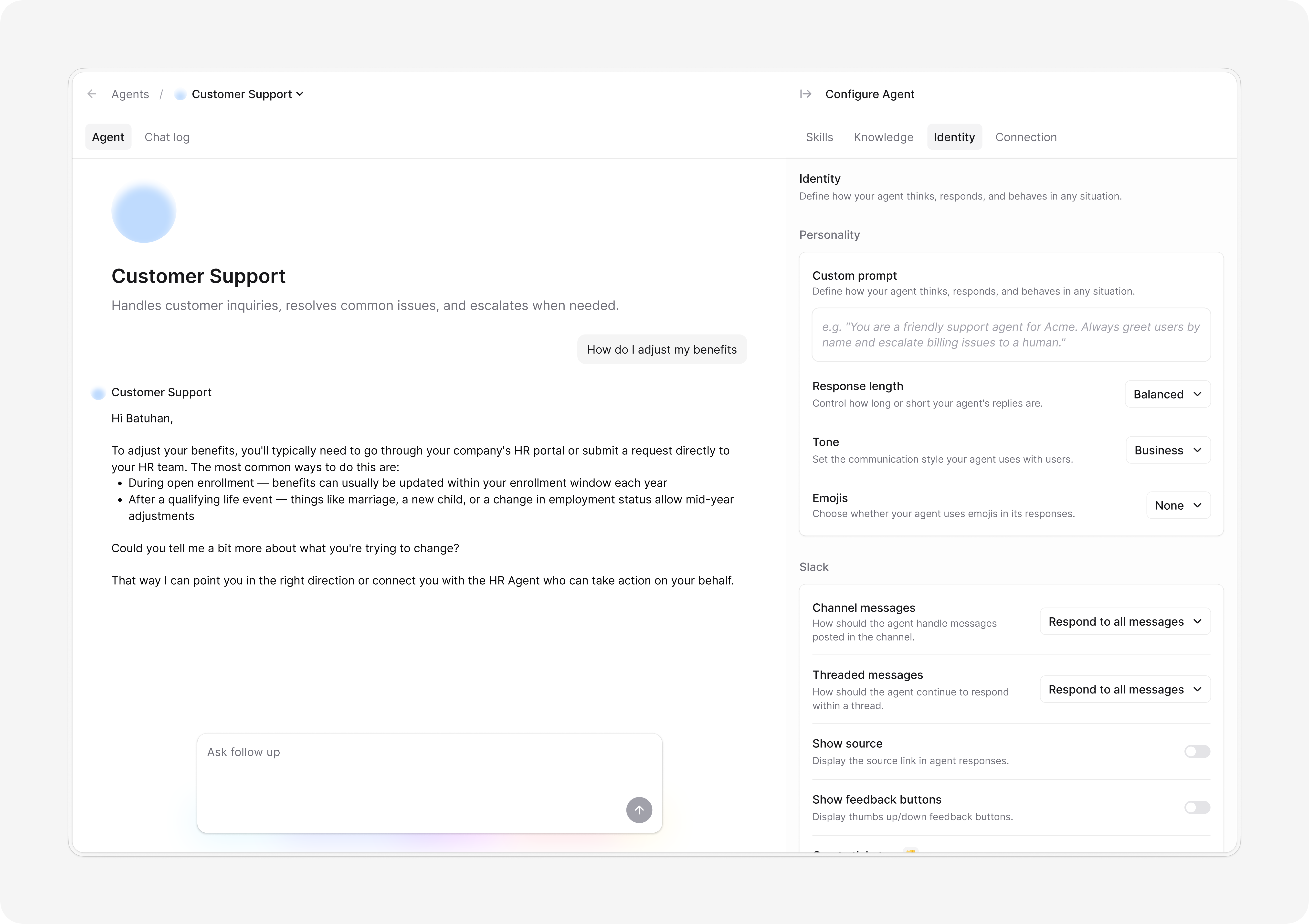 Ravenna agent builder showing a Customer Support agent response and configuration panel.